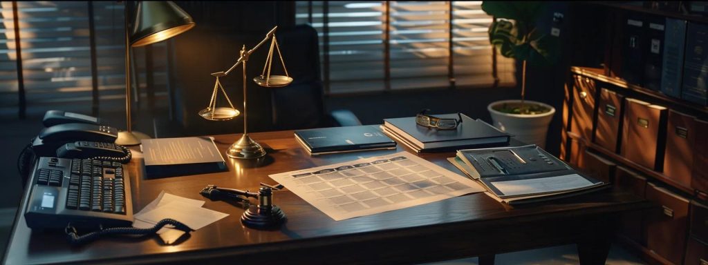 a focused shot of a lawyer's desk, adorned with a detailed fee structure chart and a scale, bathed in soft, natural light to symbolize the balance of financial clarity in workers' compensation cases.