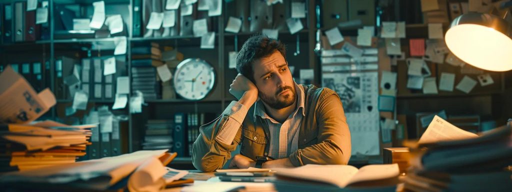 a frustrated injured worker sits at a cluttered desk, surrounded by piles of paperwork and a clock ticking ominously, symbolizing the delays and stress of navigating a complex workers' compensation case.