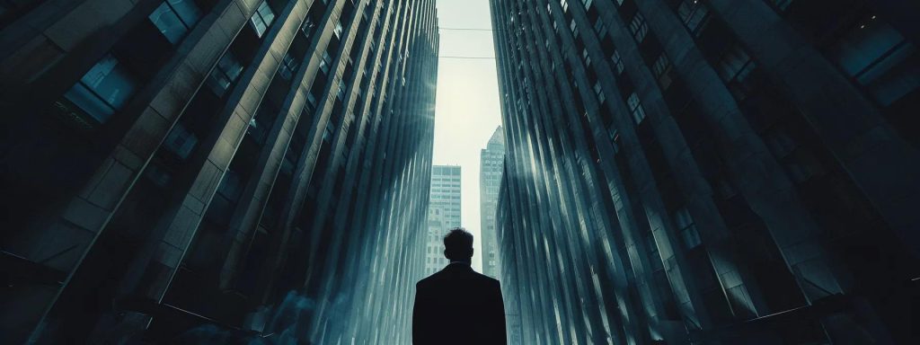 a frustrated worker stands before a towering, imposing building symbolizing the complex and daunting challenges of navigating the workers' compensation claim process, illuminated by harsh overhead lights that cast deep shadows, emphasizing the struggle against delays and denials.