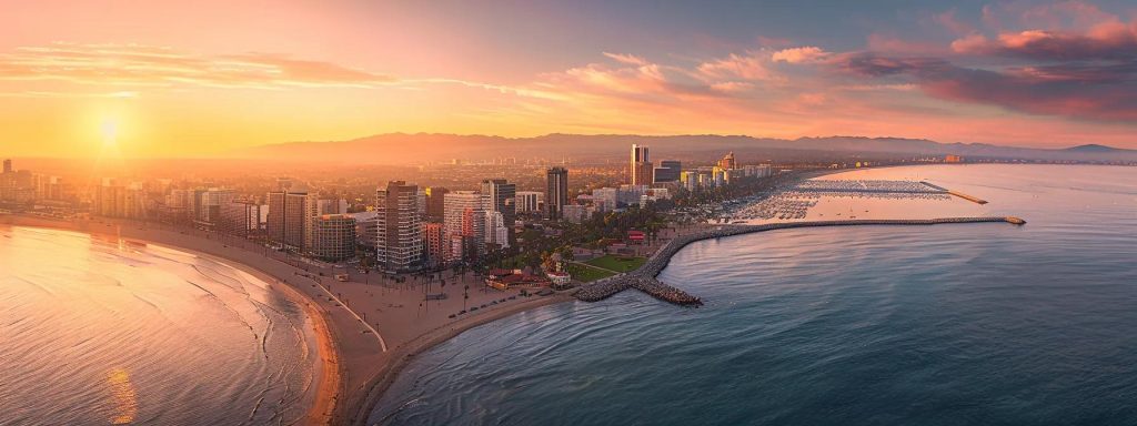 a futuristic cityscape of long beach, bathed in warm golden light, showcases advanced technology seamlessly integrated into the environment, symbolizing the evolution of workers' compensation with dynamic visuals of streamlined processes and hopeful success stories.