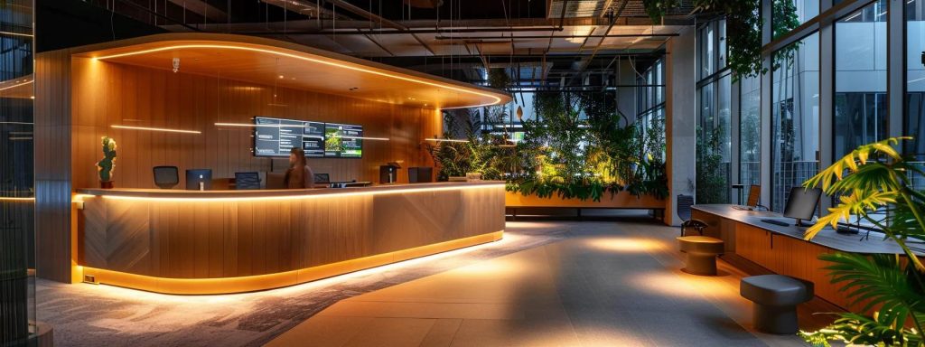 a futuristic office environment showcases advanced technology for processing workers' compensation claims, illuminated by soft, ambient lighting that highlights a digital dashboard displaying injury prevention analytics and remote work trends.