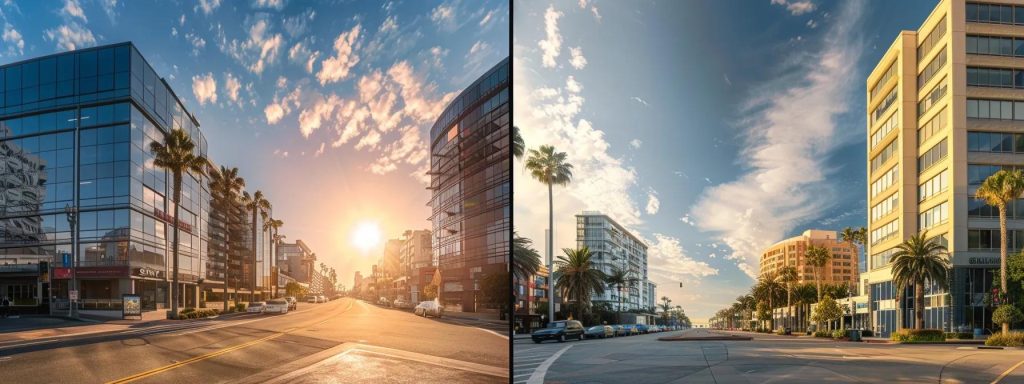 a juxtaposition of contrasting urban landscapes in long beach versus other california regions, highlighting distinct architectural styles and cultural motifs, captured in vibrant sunlight to emphasize the unique workers' compensation dynamics impacting injured workers.