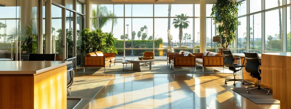 a knowledgeable workers' compensation attorney confidently discusses case strategies in a bright, modern office, illuminated by natural light streaming through large windows, conveying professionalism and clarity in a bustling long beach atmosphere.
