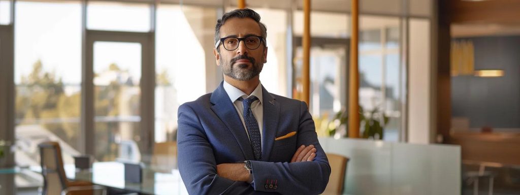 a modern, sleek office environment showcases a focused attorney engaging with advanced technology, symbolizing the transformation of client service through efficient communication and personalized care in the legal industry.