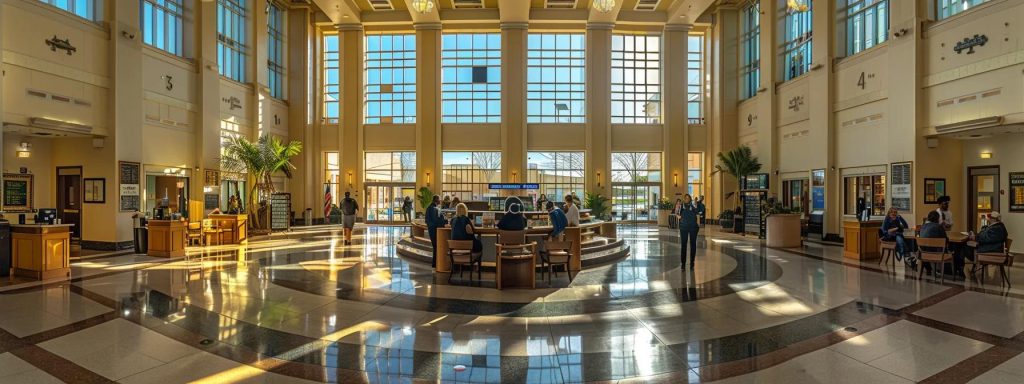 a panoramic view of a bustling long beach courthouse, illuminated by warm morning light, where diverse individuals engage in conversations and consultations, reflecting the varied experiences and emotions surrounding workers' compensation cases.