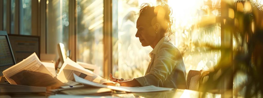 a poignant scene of an injured worker in a thoughtful pose, surrounded by blurred documents and medical records, symbolizing the complexity of workers' compensation cases amidst a backdrop of strong sunlight filtering through an office window.