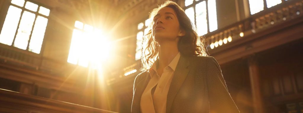 a poised attorney confidently stands in a sunlit courtroom, surrounded by legal books and documents, embodying the essence of experience and expertise in negotiation outcomes for personal injury cases.
