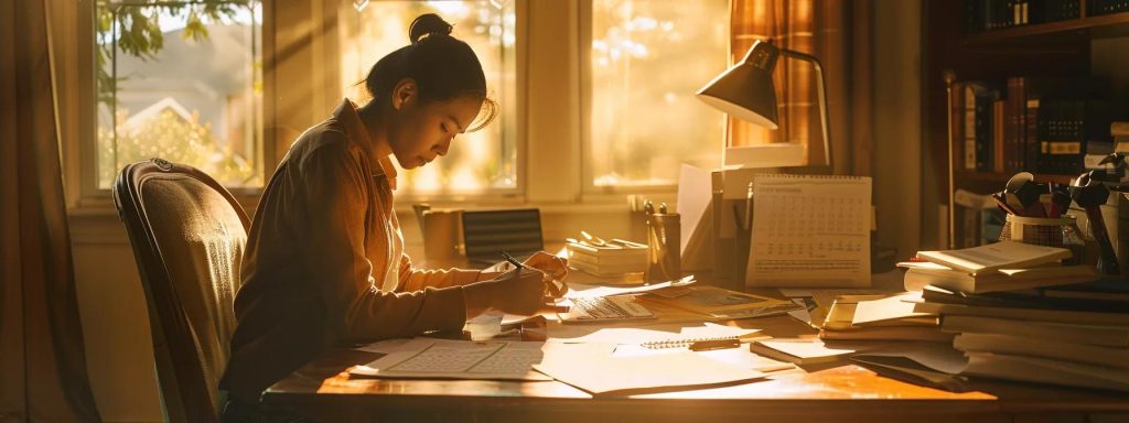 a poised, determined individual sits at a desk cluttered with legal documents and a calendar, bathed in warm afternoon light, embodying the urgency and focus needed for timely filing and compliance in the workers' compensation process.