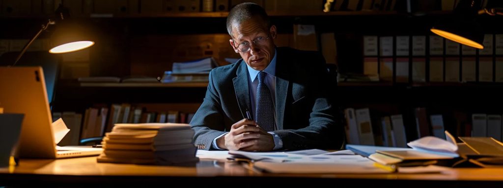 a poised legal professional is deeply engaged in a vibrant discussion at a modern conference table, surrounded by stacks of insightful negotiation books and digital devices illuminating strategy diagrams under soft, focused lighting.