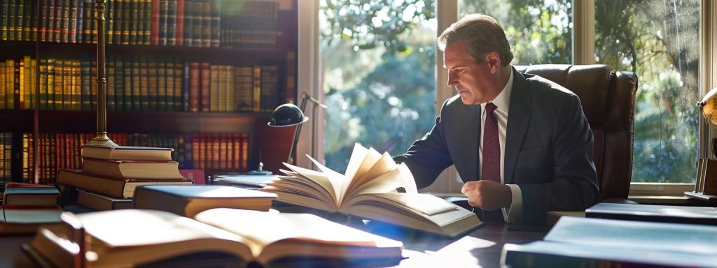 a poised long beach attorney, surrounded by legal books and case files, confidently reviews a client's medical records, showcasing their expertise and commitment to workers' compensation law in a sunlit, professional office space.