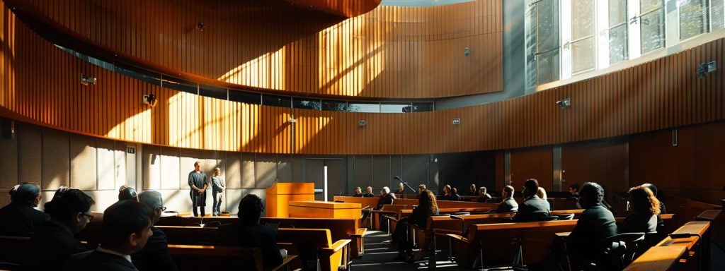 a powerful and dynamic courtroom scene, showcasing seasoned long beach attorneys confidently presenting compelling arguments to ensure justice for clients in workers' compensation cases, illuminated by dramatic lighting that emphasizes the seriousness of the legal battle.