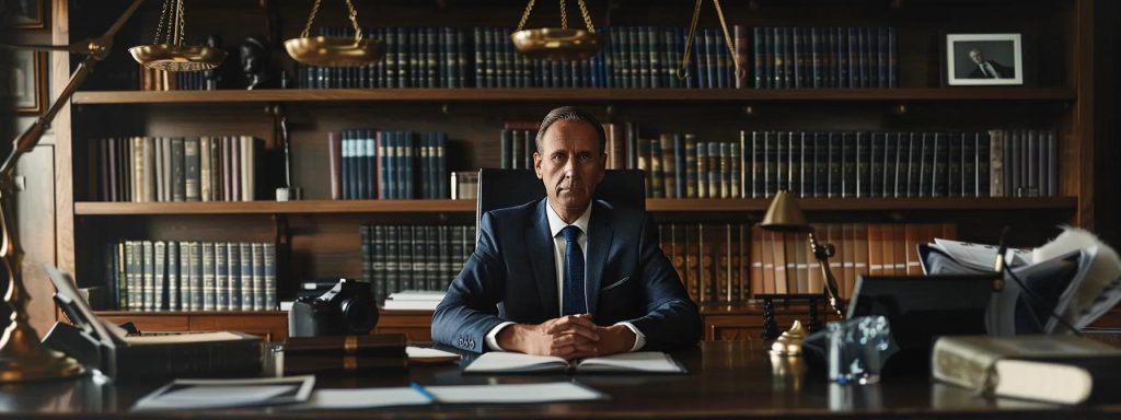 a powerful and engaging image captures a confident attorney seated at a sleek, modern desk, surrounded by legal books and documents, with a prominent scale of justice in the background, symbolizing transparency and fairness in legal fees for workers' compensation cases.
