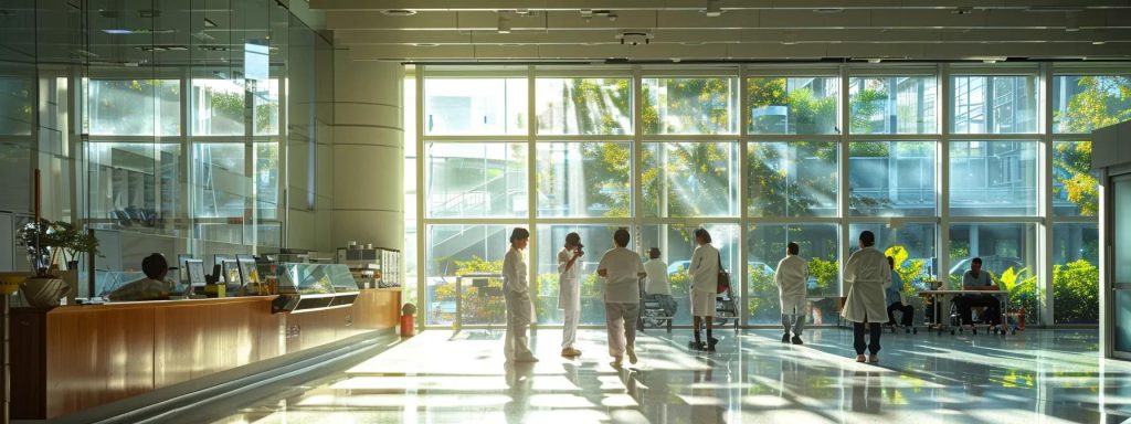 a powerful and evocative scene depicting a dedicated rehabilitation center, showcasing determined workers engaged in healing therapies, with bright natural light pouring in through large windows, symbolizing hope and recovery in the journey of overcoming workplace injuries.