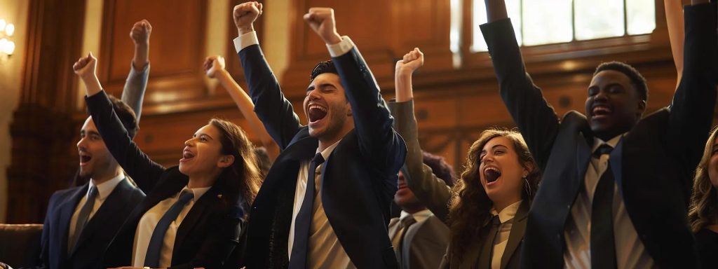 a powerful courtroom scene captures determined workers celebrating their legal victories, showcasing a diverse group of individuals triumphing over adversity through effective representation in long beach.