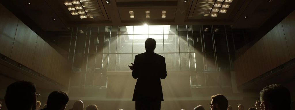 a powerful courtroom scene unfolds, showcasing a seasoned workers' compensation attorney confidently addressing the jury, illuminated by focused overhead lighting that highlights their determined expression and the palpable tension in the air, symbolizing the fight for justice and fair compensation for injured workers.