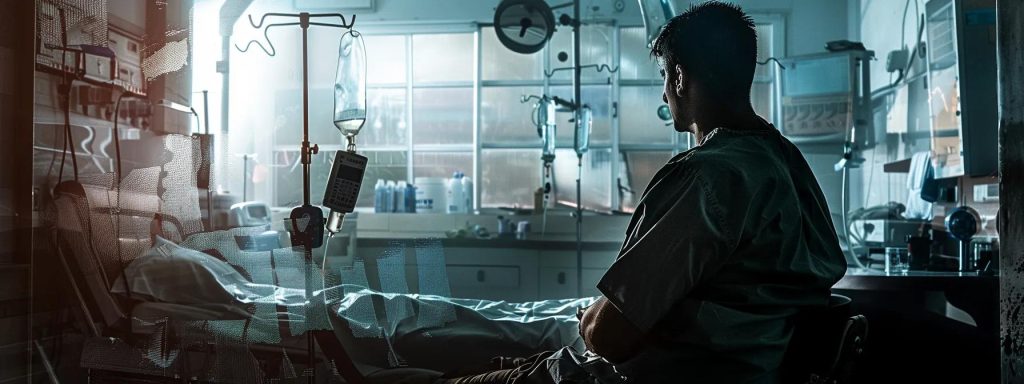 a powerful depiction of an injured worker reflecting on their past experiences, surrounded by imagery representing medical expenses, lost wages, and the impact on quality of life, all bathed in dramatic lighting emphasizing the weight of their struggle.