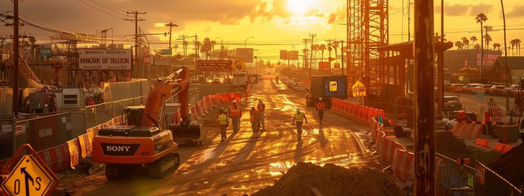a powerful, dynamic scene showcasing a bustling long beach construction site with workers in safety gear, colorful caution signs, and a vibrant sunset casting warm light, symbolizing the urgency and importance of workplace safety and injury prevention.