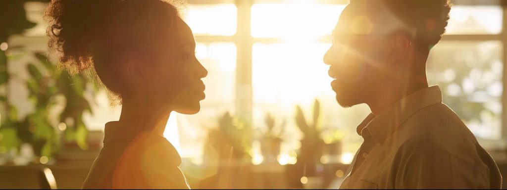 a powerful, empathetic portrayal of a serious discussion between a worker and an advisor in a sunlit office, symbolizing the journey of understanding workers' compensation and benefits through clear, informative visuals.