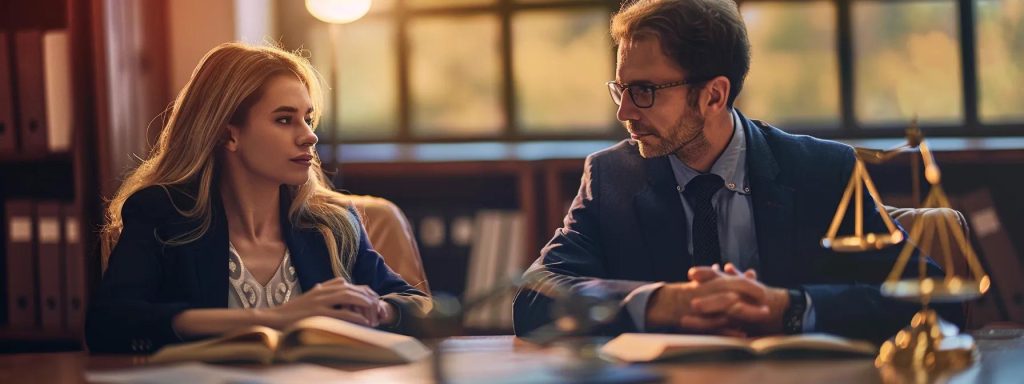 a powerful image captures a determined injured worker confidently sitting across a negotiating table from a sympathetic attorney, highlighting the themes of advocacy and empowerment in the pursuit of fair compensation.