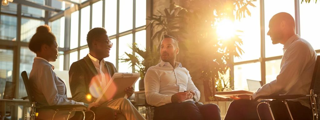 a powerful image captures a diverse group of injured workers in a sunlit, urban office, conveying the emotional weight of navigating complex legal challenges and the quest for fair compensation amid paperwork and supportive consultations.