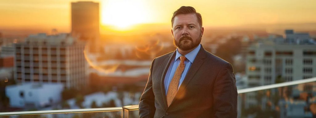 a powerful image capturing a determined individual in a professional setting, symbolizing resilience and the complexities of workers' compensation law, with an urban long beach backdrop softly illuminated by the golden hour's warm light.