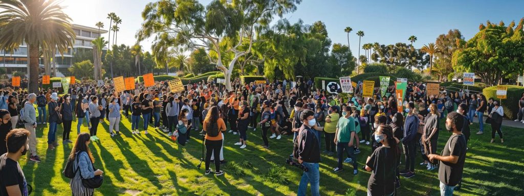 a powerful image capturing a diverse group of employees in long beach gathered in a sunlit urban park, united in solidarity as they hold vibrant banners advocating for workers' rights and safety, symbolizing empowerment and awareness.