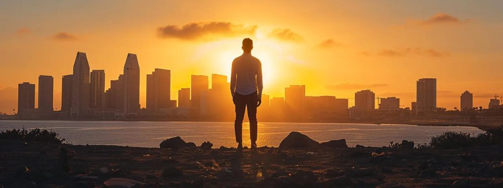 a powerful image capturing the essence of resilience, featuring a determined workers' compensation attorney standing confidently in front of a long beach skyline, symbolizing the unwavering support and triumph of injured workers overcoming legal challenges.