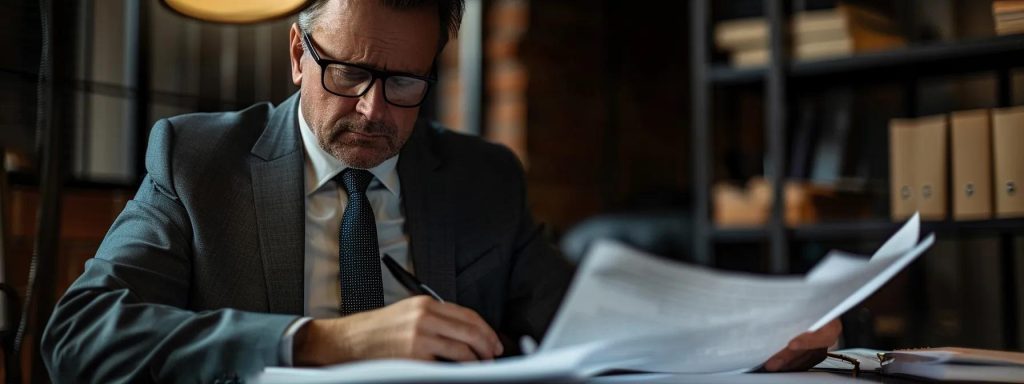 a powerful image depicting a determined office setting with a focused attorney reviewing case files under warm, natural lighting, symbolizing the critical importance of verifying legal credentials and established expertise in handling workplace injury claims.