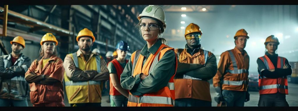 a powerful image of a diverse group of essential workers standing confidently in a well-lit industrial setting, embodying strength and resilience while showcasing their protective gear, symbolizing their rights and commitment to a safe workplace.