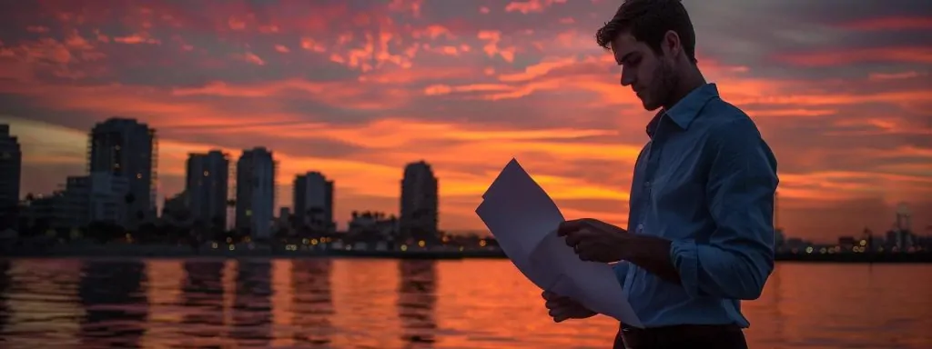 a powerful image of a determined individual standing in front of the long beach skyline, with documents in hand, symbolizing the pursuit of workers' compensation rights against a vibrant sunset backdrop.