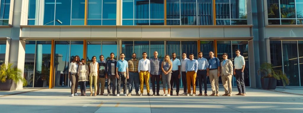 a powerful image of a diverse group of confident workers standing together in front of a modern office building in long beach, symbolizing the triumph of successful workers' compensation claims through legal representation.
