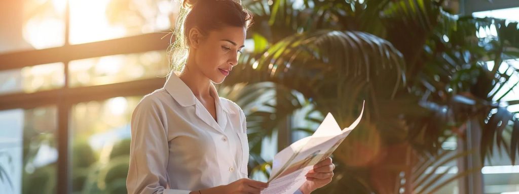 a powerful scene captures a focused employee holding a medical report in a sunlit office, symbolizing the pivotal moment of understanding the workers' compensation process in long beach.