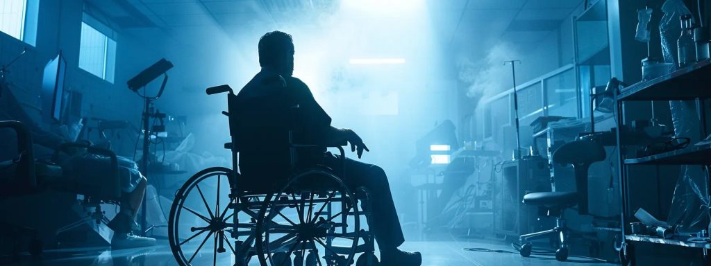 a powerful scene captures the resilience of an injured worker surrounded by medical care, symbolizing the critical support and hope offered by workers' compensation benefits, illuminated by soft, empathetic lighting.
