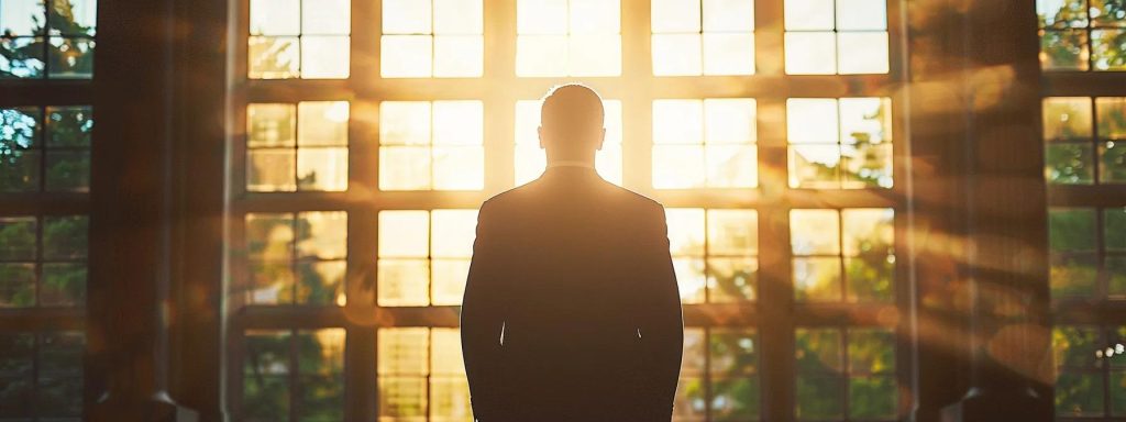 a powerful silhouette of a trusted attorney standing confidently in front of a prestigious law school, illuminated by soft, warm sunlight that highlights the imposing architecture, symbolizing credibility and professionalism in the field of workers' compensation law.