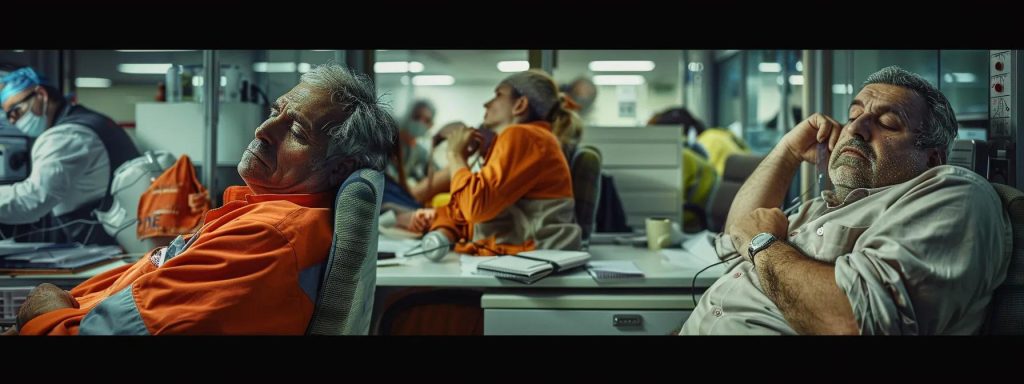 a powerful visual captures a diverse group of workers in a bustling office, showcasing the stark contrast between an individual supporting their aching back and another resting their head in stress, effectively highlighting the various common workplace injuries and the pressing need for awareness and support.