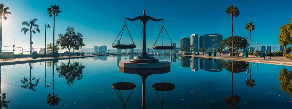 a powerful visual depicting a scale balanced with contrasting symbols of low and high stakes, representing the varying complexities of workers' compensation settlements in long beach, under soft, natural lighting to evoke a sense of clarity and fairness.