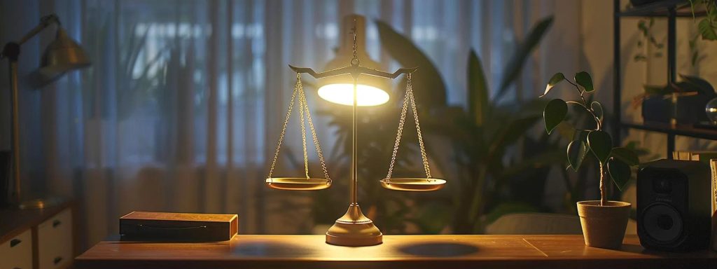 a powerful visual of a scales of justice balanced on a desk, symbolizing the comparison of workers' compensation attorney fees versus other legal services, illuminated by soft, warm light to evoke a sense of clarity and fairness.