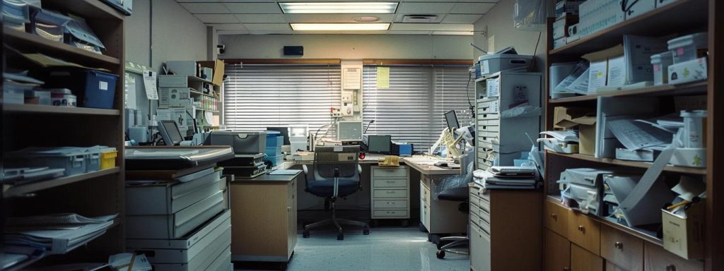 a powerful visual of a sterile, cluttered medical office highlighting an open patient file, surrounded by dim lighting and contrasting shadows, symbolizing the critical importance of thorough medical documentation in workers' compensation claims.