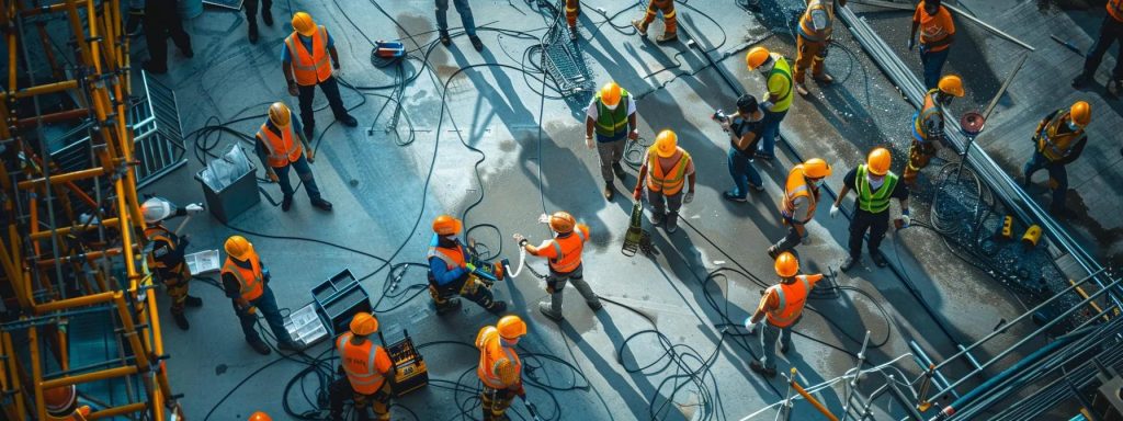 a powerful visual of a diverse group of workers in a brightly lit construction site, symbolizing protection and support, while showcasing various safety gear against a backdrop of bustling activity highlighting the essence of workers' compensation in california.