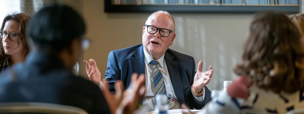 a powerful visual of a professional negotiation setting, with a confident mediator leading a discussion among diverse individuals, surrounded by impactful case study graphics illustrating successful workers' compensation outcomes.