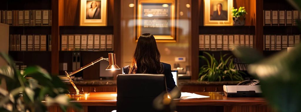 a professional and inviting office setting featuring a confident individual thoughtfully reviewing a selection of attorneys’ profiles, illuminated by soft, warm lighting that enhances the atmosphere of trust and decision-making.