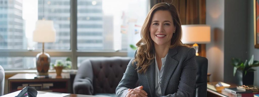 a professional attorney confidently presents a detailed claim document in a bright, modern office, symbolizing the structured and supportive journey of navigating the workers' compensation process.