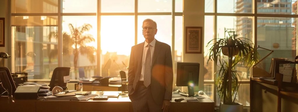 a professional attorney confidently stands in a sunlit office, surrounded by legal documents and evidence, illustrating the empowerment of injured workers seeking justice in long beach.