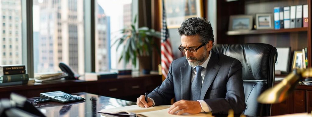 a professional attorney in a sleek office, thoughtfully reviewing case files with a backdrop of city skyscrapers, embodying the complex dynamics of workers' compensation claims and the factors influencing legal fees.