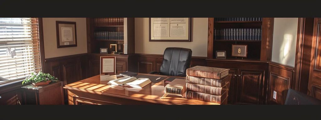 a professional attorney's office, bathed in warm, natural light, showcases a polished wooden desk adorned with an open legal book, framed awards, and a certificate of excellence, symbolizing trust and credibility in workers' compensation advocacy.