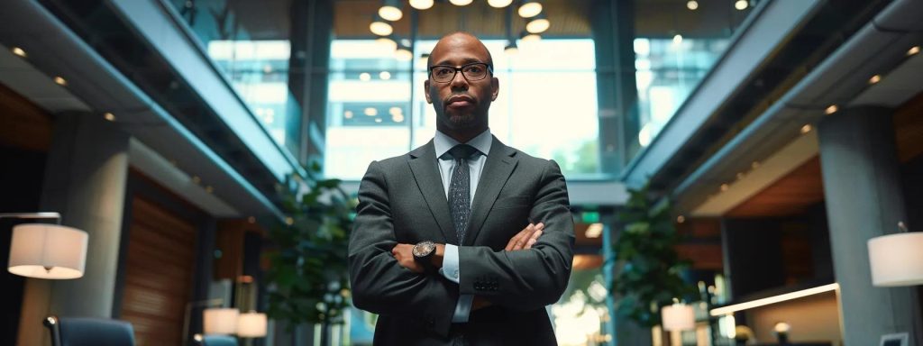 a professional, focused attorney stands confidently in a modern office, surrounded by glowing client testimonials and awards, symbolizing trust and expertise in workers' compensation cases.
