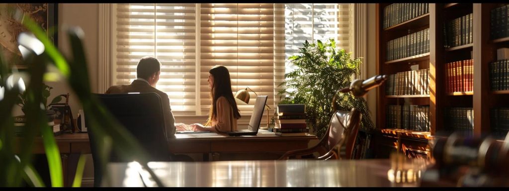 a professional lawyer's office in long beach, featuring an experienced attorney discussing case details with a client, surrounded by legal books and documents, illuminated by soft natural light streaming through large windows.