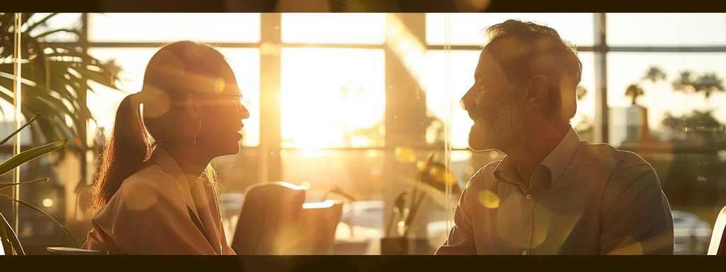 a professional long beach attorney, confidently guiding a distressed worker through the legal process of a workers' compensation claim in a sunlit office, exuding empathy and expertise.