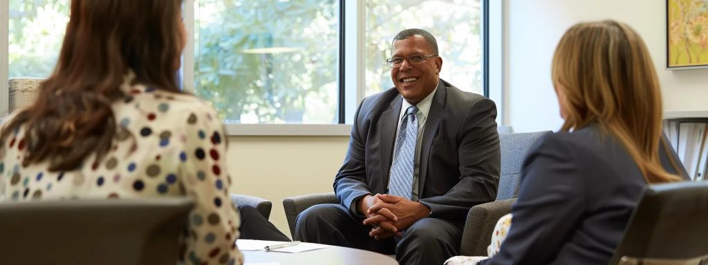 a professional worker's compensation attorney confidently engages with a diverse group of clients in a modern, well-lit office, showcasing the importance of experience, effective communication, and collaborative support in delivering high-quality customer service.