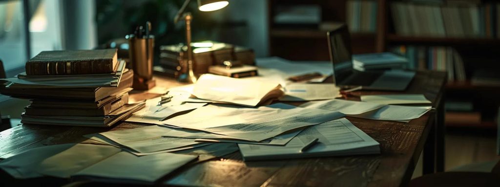 a professional workspace illuminated by soft, natural light, featuring a table strewn with insightful case study documents and a laptop, symbolizing the strategic analysis of past workers' compensation settlements to enhance future outcomes.